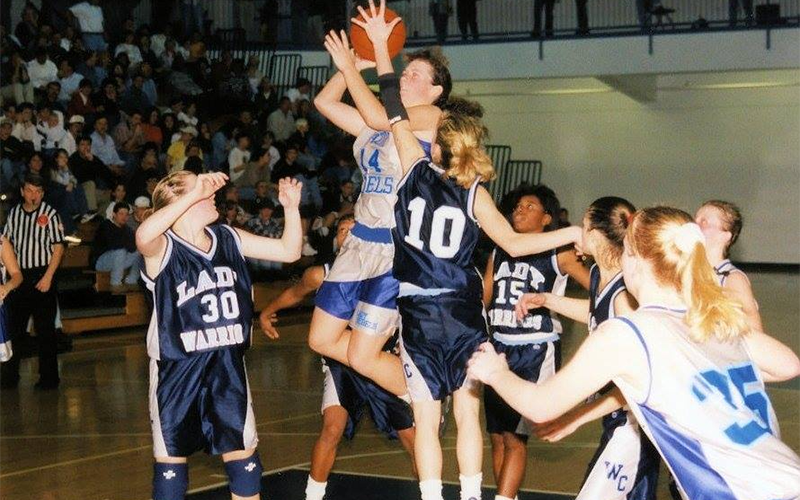 Top Offensive Player Ashley Herendon Weeks goes up for a basket during the Lady Rebels’ 1995-96 season.