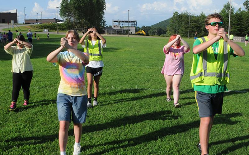The Fannin County High School Marching Band has been hard at work in preparing The Music of Riverdance. Shown preparing during band camp last week are Laurel, Ella, August and Chance.