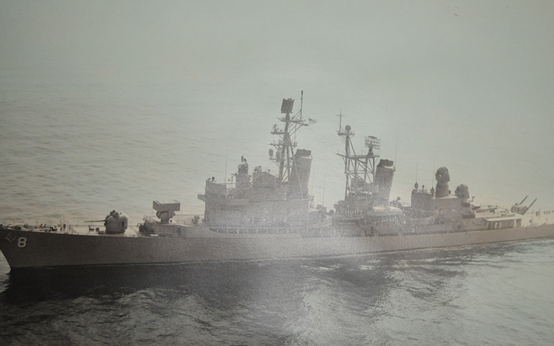 The USS Macdonough at sea, seen from the air.