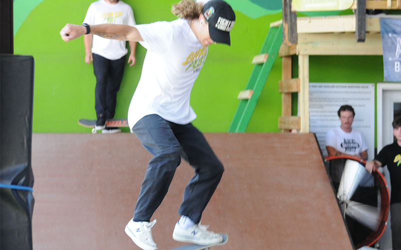 Andrew Jones rides his skateboard along an edge at the Highland Outdoor Ministry’s Shred Fest competition.