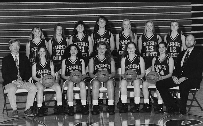 The 1995-96 Fannin County High School girls basketball team is shown. Front, from left, Coach Eddie Payne, Heather Housley, Sabrina Gibson, Leslie Jabaley Mann, Katie Collins Taylor, Melissa Holler Patton and Coach Johnny Farmer; back, Roxie Reed Travato, Stacy Parris, Kim Jones Ware, Ashley Herendon Weeks, Jodie Thomas, Leigh Muse and Tara Dillinger.