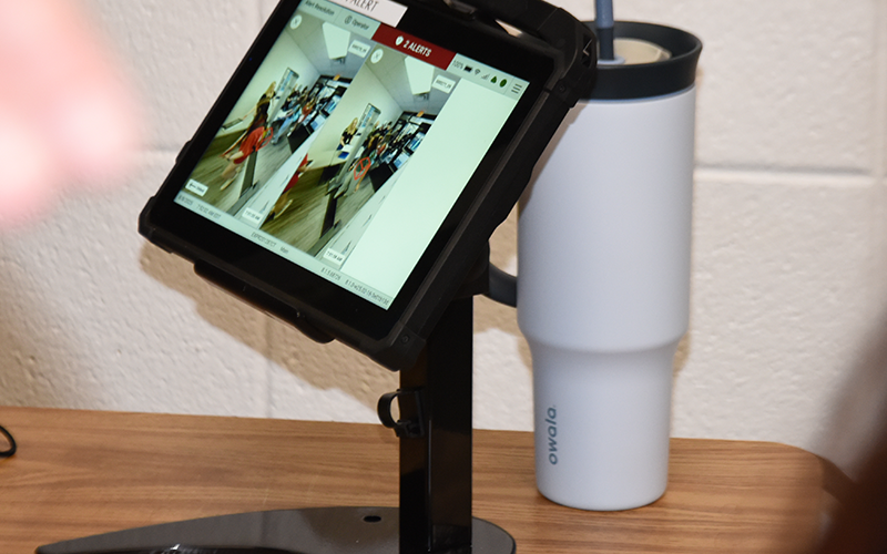 This is one of two screens used with the weapons detection system to detect possible trouble.