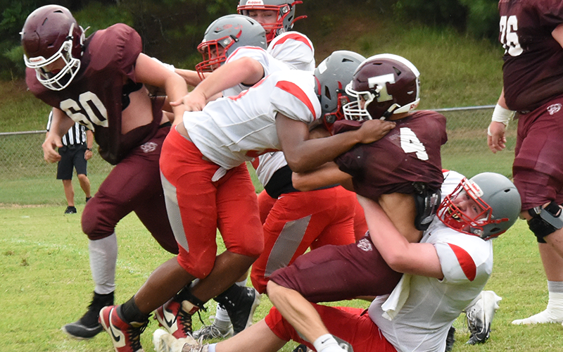 Dylan Beaver and Darrius Harris combined to stop this Tellico Plains runner for no gain Friday night.