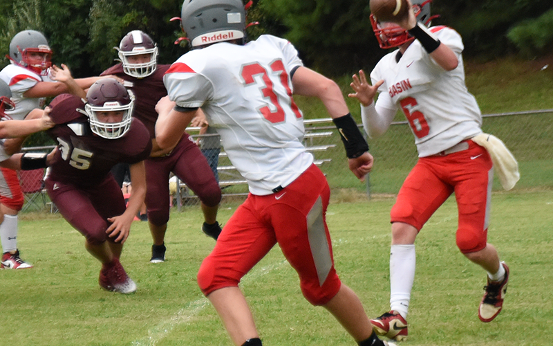 Drew Crowder (6) completed this short pass to Easton Dockery for a gain of several yards when Copper Basin scrimmaged Tellico Plains Friday night.
