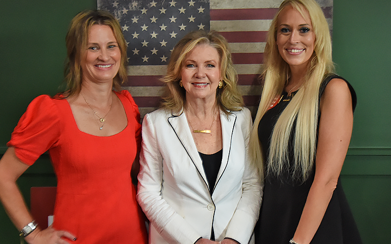 Tennessee gubernatorial candidate Marsha Blackburn, center, was welcomed to the Polk County Republican Party Trump Day Dinner by Polk County resident Monica Farrow, left, and District Three County Commissioner Samantha Trantham.