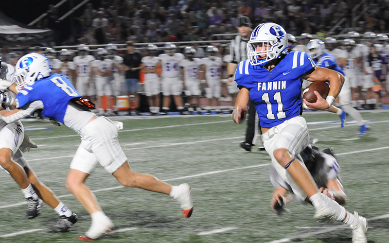 News Observer photo/Glenn Harbison Bryson Cole (11) picked up 58 yards on nine rushes Friday night for Fannin County against Rabun County’s Wildcats. Here, he is shown in action the week before against Gilmer county.