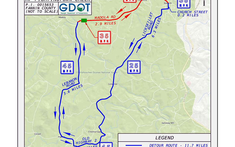This map shows the detour route that will be put in place while the Fightingtown Creek bridge on Madola Road is replaced.