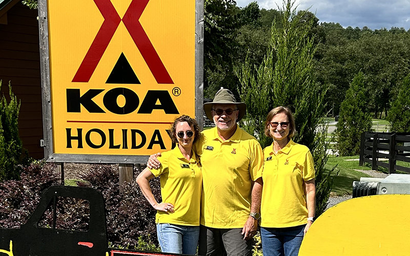 Ali, John and Beth Kieffer, from left, welcome guests to the Blue Ridge/Toccoa River KOA that John and Beth opened in 2020.