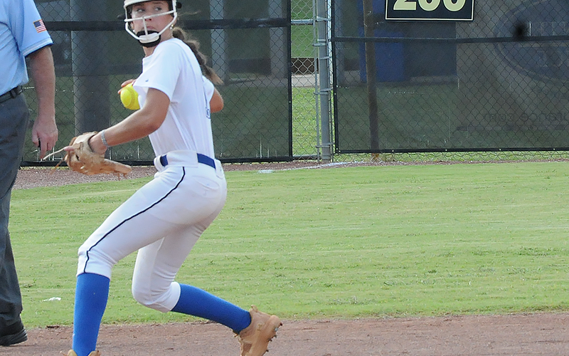 Myla Rogers has been a stellar performer for the Fannin County Lady Rebels, setting up to make a long throw here.