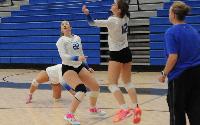 Lady Rebel senior Keslie Kea (12) makes a return against Hiwassee Dam Tuesday in a match played in the Fannin County High School gym. Also shown is senior Karis Hurd (22). .