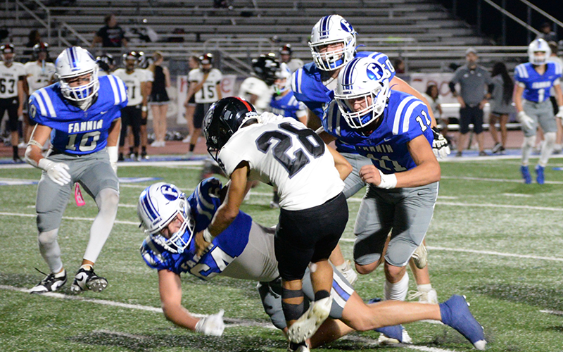 Fannin County’s defense was pivotal in the Rebels victory over visiting Dade County Friday night. Here, in previous action, Karson Brown (10), Noah Burnette (64), Isaac Watkins (50), and Bryson Cole (11) stop a runner for no gain.