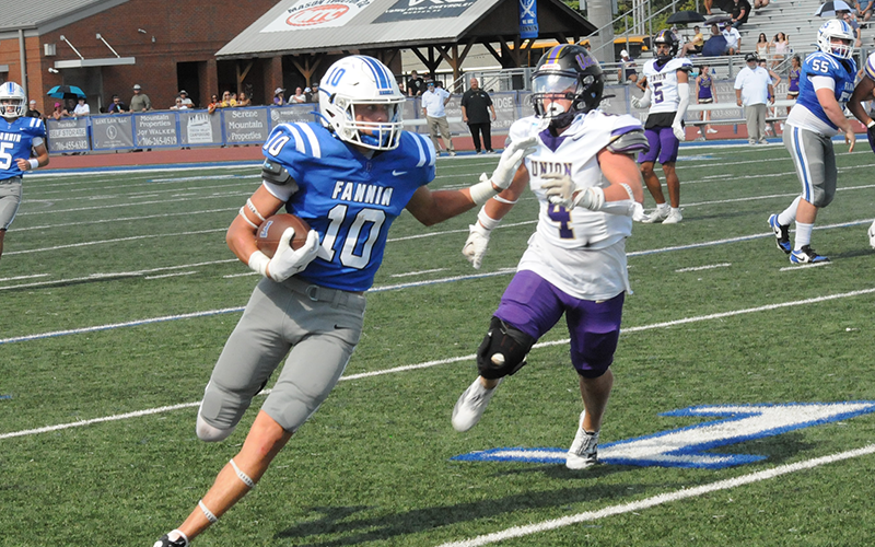 Fannin County’s Karson Brown makes his way around a Union County Panther Saturday afternoon.