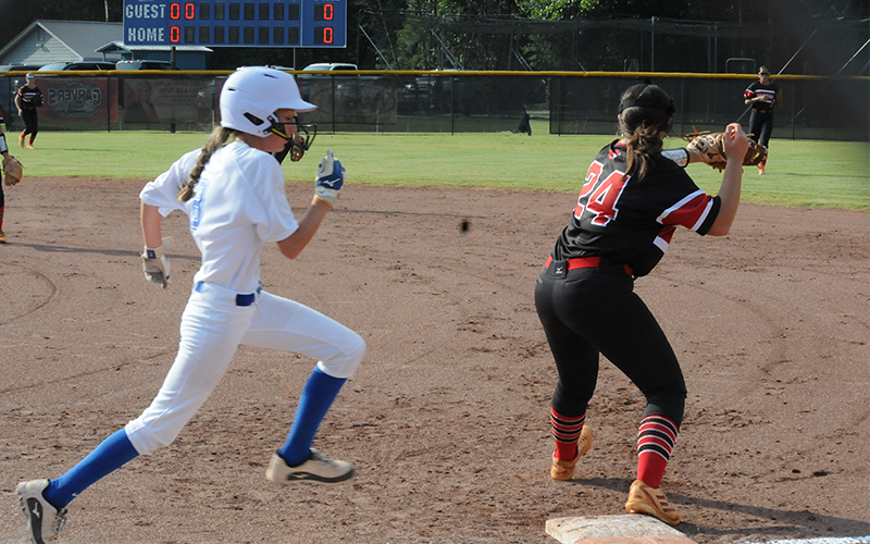 Lana Cook stretches for first base for the Fannin County Lady Rebels softball team in a game played earlier this season.