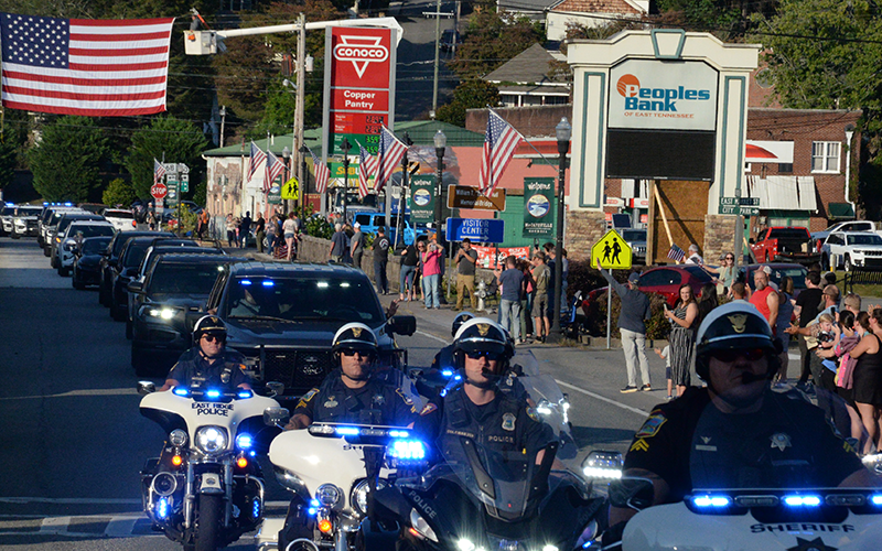 Captain Brantley Worley of the McCaysville Police Department was welcomed home from Erlanger Medical Center in Chattanooga, Tennessee, with a procession all the way to Canton, Georgia, Tuesday, September 16. Here, the line comes through McCaysville.