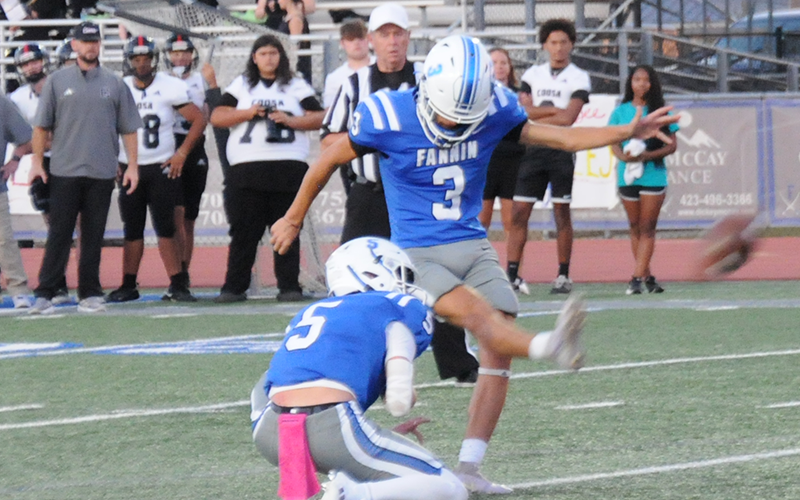 Matthew Ponton (3) kicked his 150th point against the Dade County Wolverines Friday night in Blue Ridge.