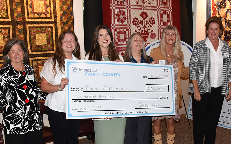 Fannin County Family Connection was presented a $100,000 Impact100 Fannin grant during a special ceremony Tuesday, October 21, at The Art Center in Blue Ridge. Shown during the presentation are, from left, Carolyn Kibler, Impact100 president; Kala Ballew, Family Connection pantry manager; Jacqueline McKee, Family Connection director; Mandi Hyde, Family Connection administrator; Sherry Echelberger, Family Connection board chair; and, Kandy Key, Impact100 non-profit liaison.