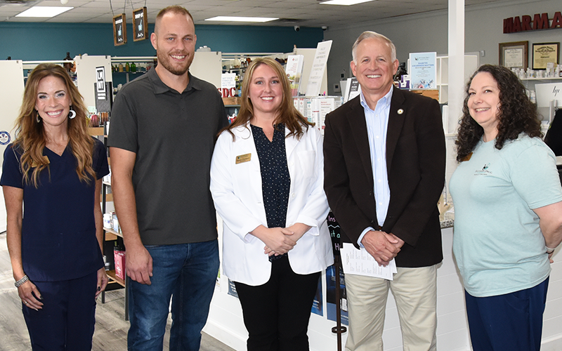 Georgia State Representative Johnny Chastain visited Southern Drug Company in Blue Ridge last week to learn more about a House of Representatives bill that local pharmacies say is needed to level their playing field with larger, affiliated pharmacies. Shown during the visit are Amanda Moore, pharmacy owners John and Suzanne Davenport, Chastain, and Cheryl Stepp.