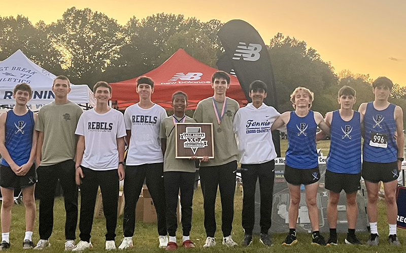 The Fannin County High School cross country team placed first at the Fast Break Challenge at Heritage High School. Shown with their award are, from left, Kyler Wilson, Rylin Davis, Grey Ward, Henry Schueneman, Jamari Dunn, Winn Rickbaker, Jainil Patel, Aiden Jones, Mitchell Martin and Gabe Pirkle.