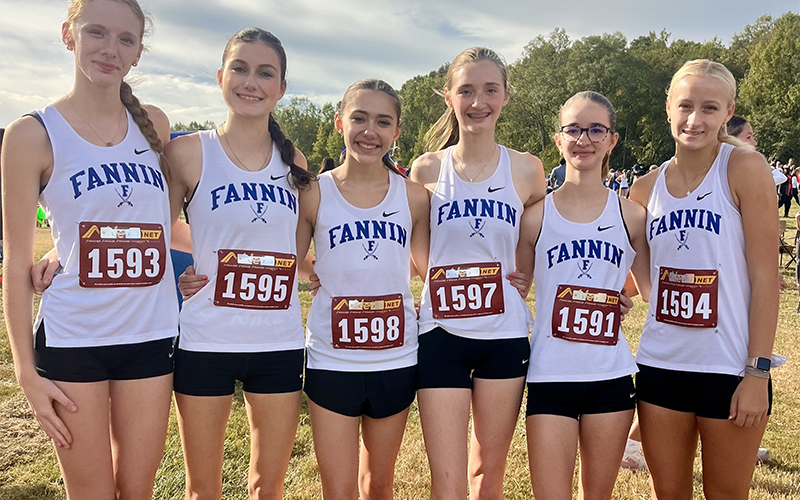 Lana Hicks, Garin Rickenbaker, Charlotte Vallejo, Lola Temples, Sydney Ford, and Kensley Pickelsimer, from left, set the pace for the Fannin County Lady Rebels cross country team during competition this past Saturday in Fairburn, Georgia. The team will next travel to Ringgold, Georgia, October 21.