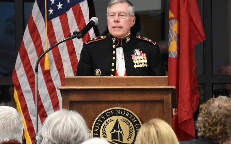 Major General Robert Flanagan (retired) was the featured speaker at the Marine Corps Ball Saturday night in the David E. Ralston Hall on the University of North Georgia/Blue Ridge campus.