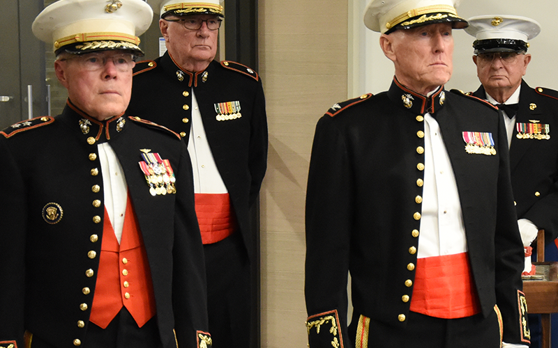 Preparing to begin the official ceremony at the Marine Corps Ball and 250th Birthday Celebration Saturday night are, from left, Major General Robert Flanagan, Lieutenant Colonel Dale Greene, Colonel Mike Nunally and 1st Sergeant Thom Potito (all retired).