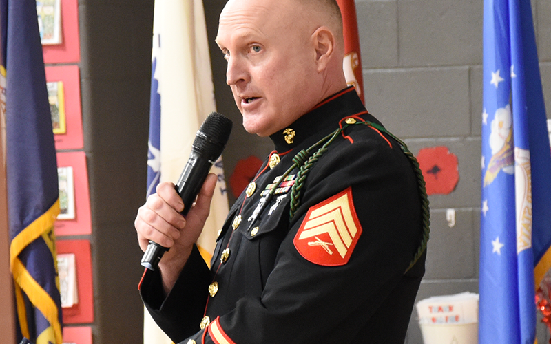 U.S. Marine Corps veteran Sergeant Brent Ware explained the Corps values to Blue Ridge Elementary students.