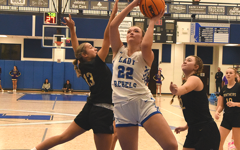 Reese Lewis (22) dominated the inside game for the Fannin County Lady Rebels, scoring 19 points and grabbing 16 rebounds in the win over Union County.