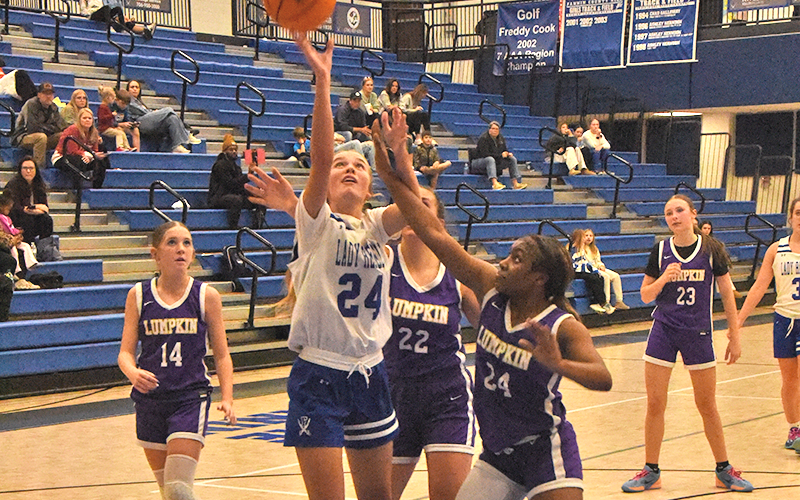 Fannin County Middle School eighth grader Hadlee Patterson (#24) took a shot against her Lumpkin opponent in the Lady Rebels 34-27 win in the Mountain League Championship game.