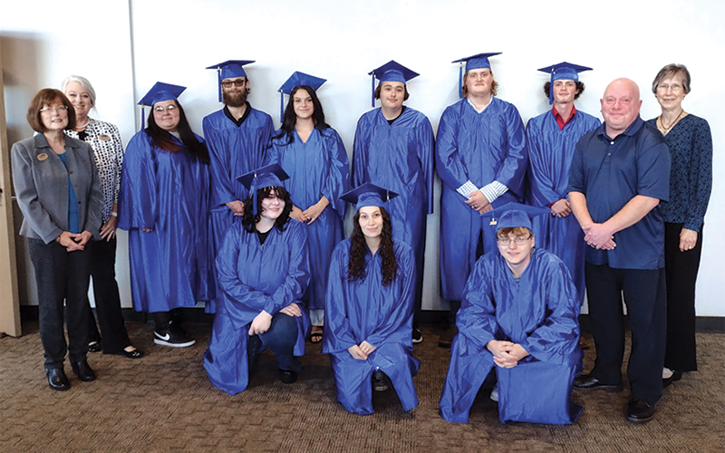 NGTC Blairsville Campus held a High School Equivalency Recognition Ceremony November 4 where students from Fannin and East Polk receive their GED certificates. Pictured are, from left, front, Moose Roberson, Kailee McCue, Colten Reed; back, Flag Director Teresa Ross, Dean of Adult Education Shelby Ward, Madison Roach, Tyler Johnson, Joan Mulcare, Joshua Runions, Lucas Jarrett, Brady Payne, Adult Education Instructor Patrick Smith and FLAG Board of Directors chairperson Jane Brackett.