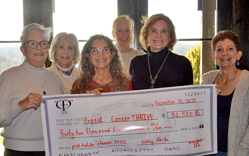 The Old Toccoa Farm Ladies Golf Association (LGA) raised $32,500 during their fourth annual Pink &amp; White Tournament in October. Presenting a check to Dr. Rosa Langella with Breast Cancer Thrive are, from left, LGA 2025 President Kathy Burke, Teri Necessary, Langella, Kerri Dewitz, Betsy Pope and LGA 2026 President Maria Guillen.