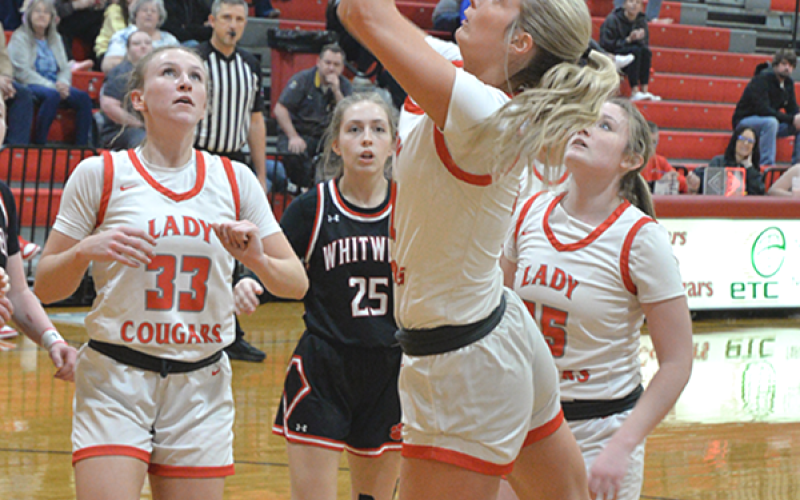 Lady Cougar Alexis Hyatt (#21) easily scored during the February 6 victory at Copper Basin High School.