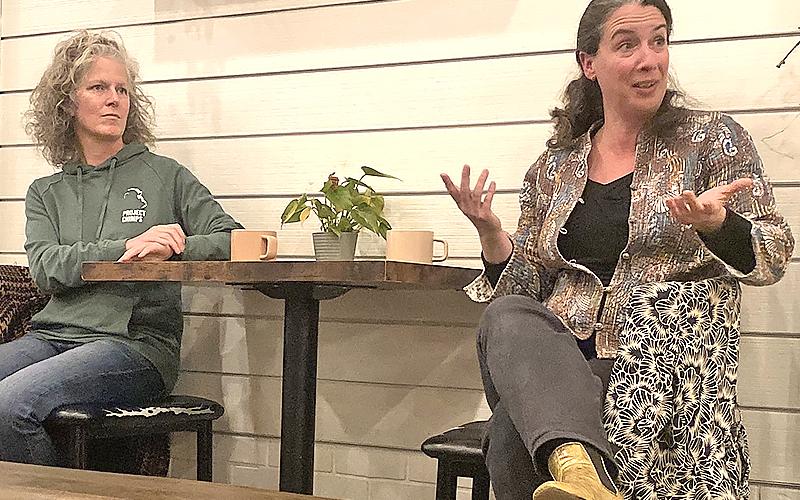 Project Chimps Executive Director Ali Crumpacker (left) and veterinarian Dr. Jenny Jaffe answered questions and provided information about the Blue Ridge chimpanzee sanctuary from those in attendance at Mountain Mama’s Coffee Lounge in Blue Ridge January 20.