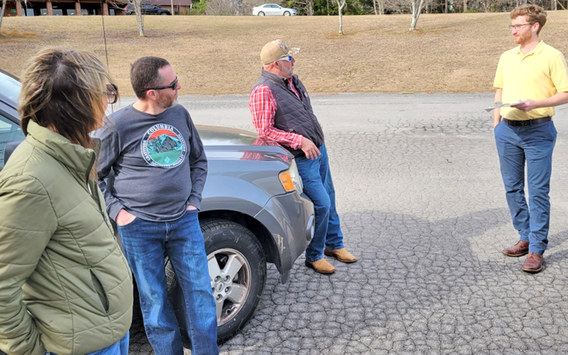 Polk County JECDB Chairwoman Monica Farrow, District 3 Commissioner Keith Barker and County Executive Robby Hatcher, from left, discuss the Parks and Recreation Grant process with Russell Green of Kimley-Horn, an engineering, planning and design firm familiar with grants in Tennessee.