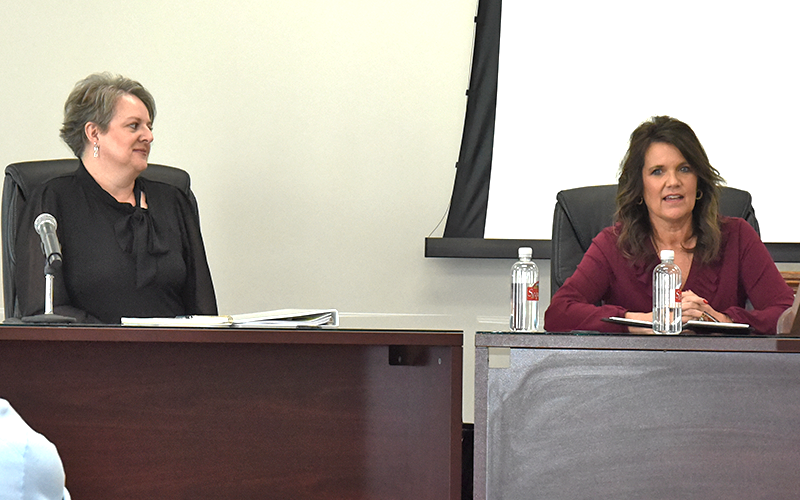Fannin County Tax Commissioner Julie Walker, right, talked about her office and the collection rate achieved by her staff when she addressed Leadership Fannin last week. Also talking about how the tax system works was Dawn Cochran, Fannin County’s chief tax appraiser, left.