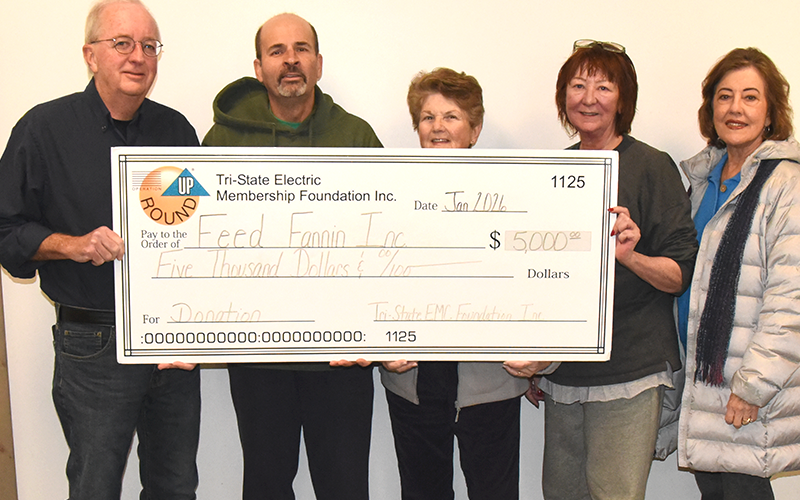 A January donation to Feed Fannin was among those pushing Roundup grants to area organizations over $1 million. Roundup board Chairman Glenn Harbison, from left, presented the check to Feed Fannin’s Andy Livingston, Priscilla Cashman, vice chair; Peggy Caldwell, treasurer; and Kathy Beck, vice chair.