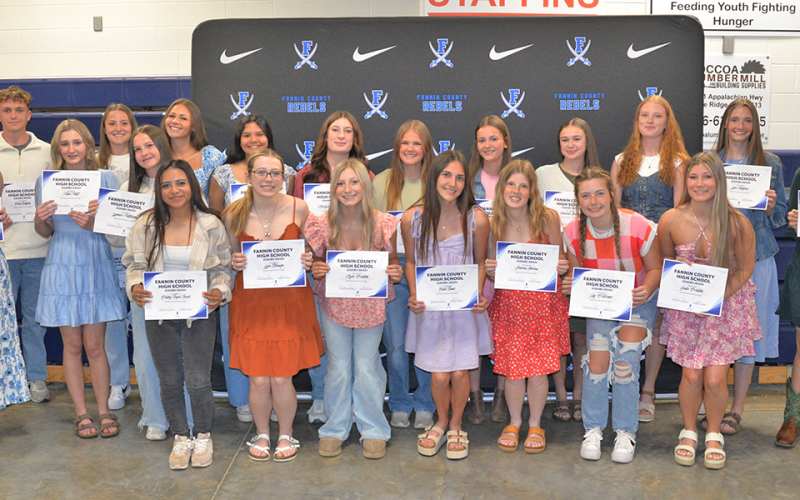 Academic Awards were given to Fannin County High School flag football players at the team’s awards banquet March 25. Pictured are awardees, from left, front, Delmy Saqui-Sacul, Lyla Strange, Ayla Walton, Karli Sams, Jordan Golden; Hallie Walton; back, Adia Galloway, Kian Halpin, Allie Potts, Bridgett Allen, Lily Williams, Lexi Gravely, Melissa Acevedo-Montoya, Addison Bradburn, Annaleigh Cheatham, Makenzie Duvall, Kendall Gaddis, Arianna Galloway, Lola Tamples, and Makayla Siler.