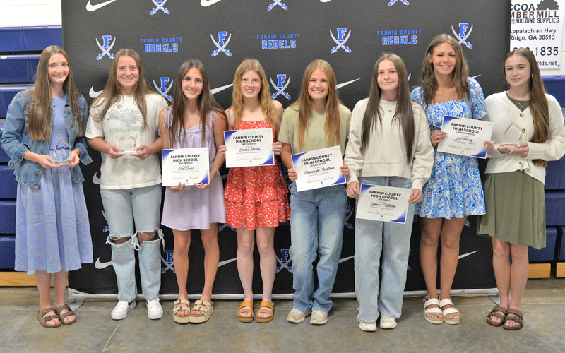 Special awards were given to Fannin County High School’s flag football team at its awards banquet March 25. Shown are special award winners, from left, Lola Temples, Bridgett Allen, Karli Sams, Jordan Golden, Annaleigh Cheatham, Lynnex Patterson, Lexi Gravely, and Kendall Gaddis.
