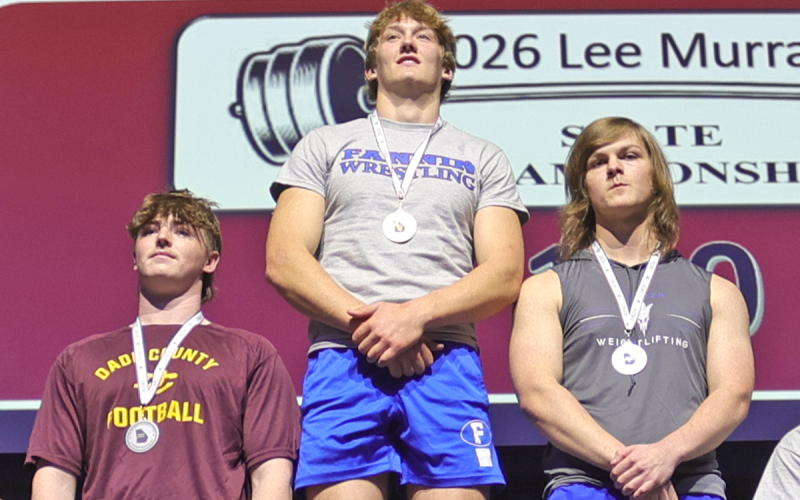 In the 190-pound class, Fannin County High schooler Bryson Cole, center, captured the state title at the 2026 Lee Murray State Weightlifting Championships March 7 in Franklin, Georgia.