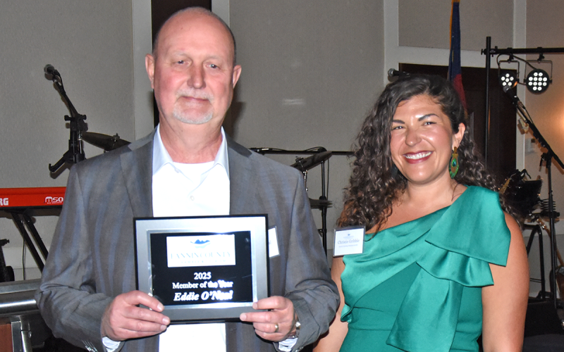 News Observer photo/Glenn Harbison Fannin County Recreation Director Eddie O’Neal was honored as the Chamber of Commerce Member of the Year for his work with Tourism Product Development monies and the county’s youth. He received the award Saturday night from Chamber President Christie Gribble.