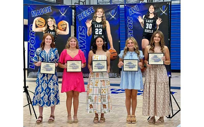 Submitted photo - Fannin County Lady Rebel basketball team members Albany Cole, Izzie Jabaley, Avi Ethington, Maggie Ledford and Reese Lewis each received All-Region Team Honors and were recognized at the team's annual banquet May 12.