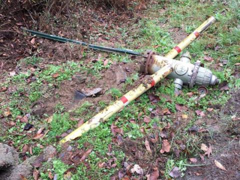 The damage to this fire hydrant was promptly reported. This is not true of all such instances, Fire Chief Larry Thomas says.