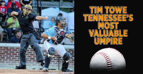 Umpire Tim Towe signals a strike 3 mechanic, meaning the batter has just struck out, during a game in Hampton, Virginia.