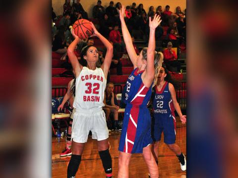 Lady Cougar Skyler Nipper goes up for a two-point jumper during Copper Basin’s 41-35 win against the Chattanooga Patriots Thursday, December 12.