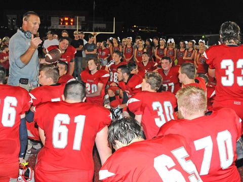 Copper Basin Cougars head coach Chad Grabowski talks to his team after the big win over Polk County this year. Grabowski’s sucessful season with the Cougars earned him Region Coach of the Year for Region 3-1A.