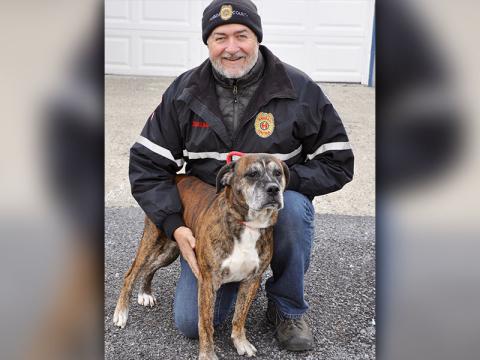 Animal Control Manager John Drullinger kneels while this male Boxer mix, who volunteers have named Mississippi, stands tall. Mississippi was dropped off December 4 and will be at Animal Control until reclaimed or adopted. This good boy sports a brindle coat of brown, black and white. View him under Animal Control number 359-19.