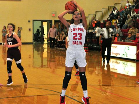 Lady Cougar Hailey Brackett shoots an open jumpshot during Copper Basin’s matchup with Tellico Plains Tuesday, January 7