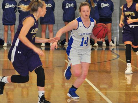 FCMS eighth grader Brooklyn Henderson leads a Lady Rebels fast break during the Fannin County Middle School’s home game against Lumpkin County Thursday, January 16.