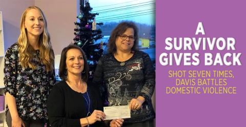 Domestic violence survivor Tina Davis, center, and her niece Tiffani Willingham, left, present North Georgia Mountain Crisis Network Executive Director Kimberly O’Neal with a check for $3,500 dollars. Davis donated half of the funds raised from Tina’s Cat Run, an annual 5K race, to the NGMCN to “help people in bad situations.”