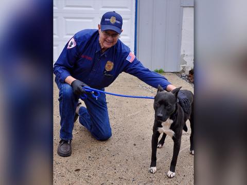 Animal Control Officer Pat Patterson kneels with Murphy, a male mix, who was picked up on Josh Hall Road in Blue Ridge, October 9. He will be staying at Animal Control until reclaimed or adopted. Murphy has a short black and white coat and is the perfect gentleman. View him under Animal Control number 308-19.