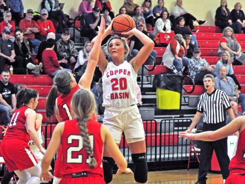 Lady Cougar Sapporiah Ross shoots a two-point jumper over a defender during Copper Basin’s basketball game against Polk County Tuesday, February 4.